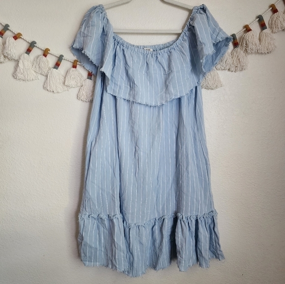 Umgee Power Blue Pinstripe Frayed Ruffle Dress Mino Boho Chic Nautical M - Picture 4 of 11